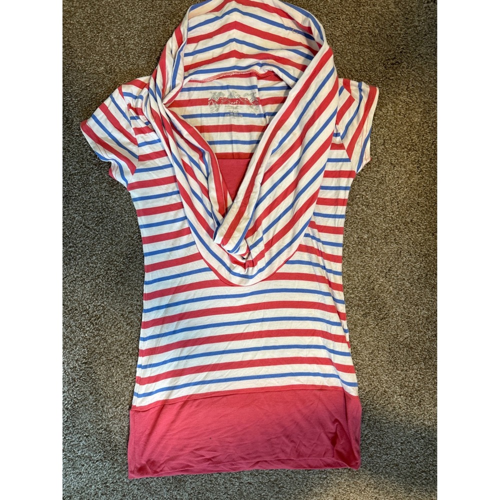 Poof! Stripe Top Womens Large Red White Blue Excellent Cowl Neck Nautical